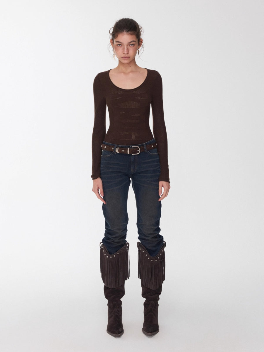 Crewneck Textured Open-Knit Wool Sweater