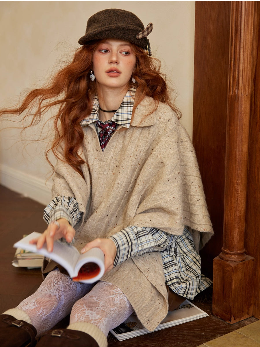 Oatmeal Jacquard Wool Knit Cape