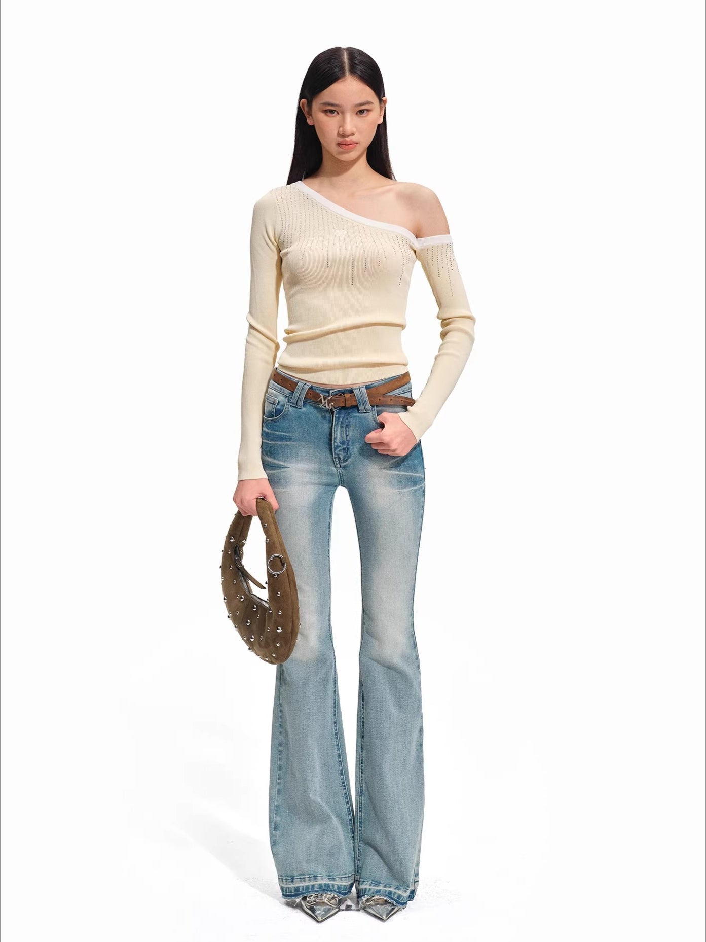 Rhinestone Asymmetric Knit Top