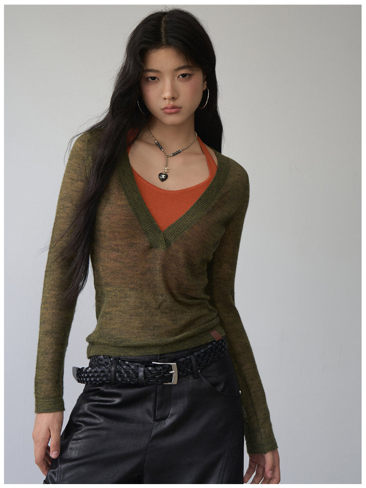 Fake Two-Piece Halter V-Neck Knit Sweater