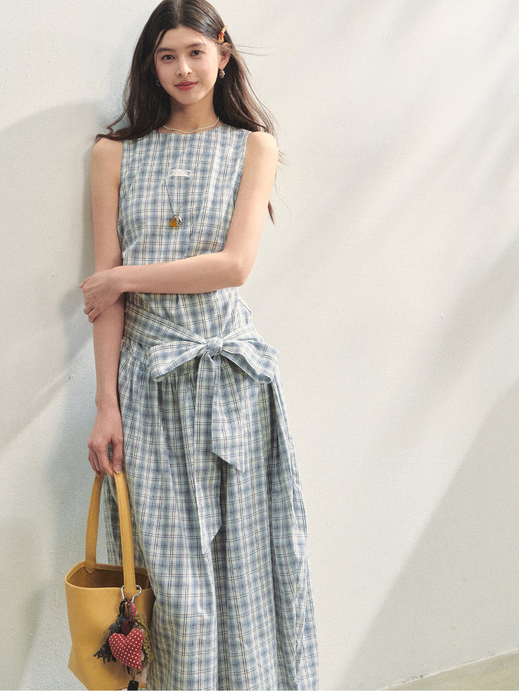 Belted Waist Checked Vest Dress