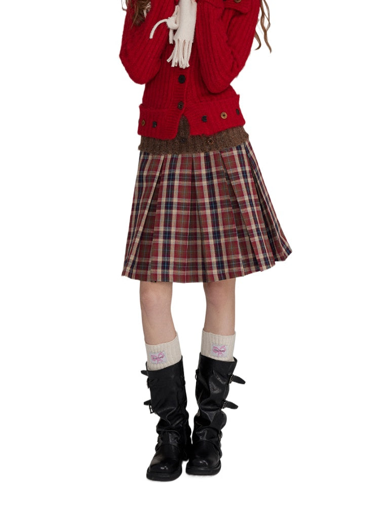 Patchwork Button Wool Pleated Skirt