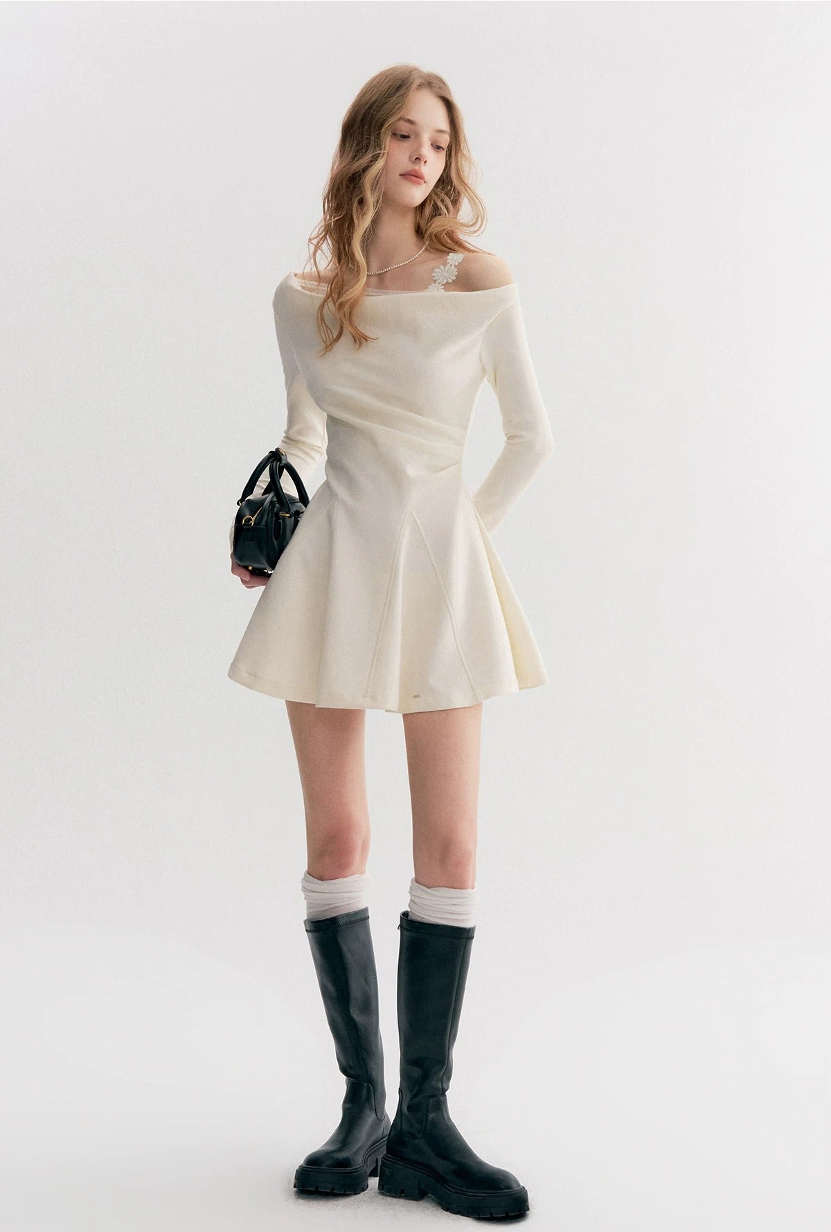 Beige Lace Off Shoulder Dress