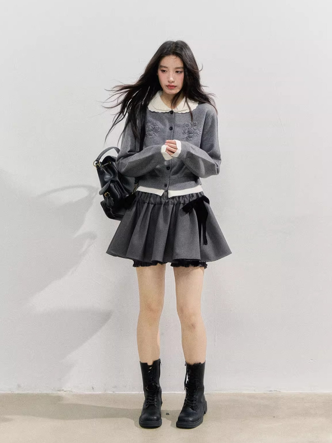 Gray Velvet Bow Puff Skirt