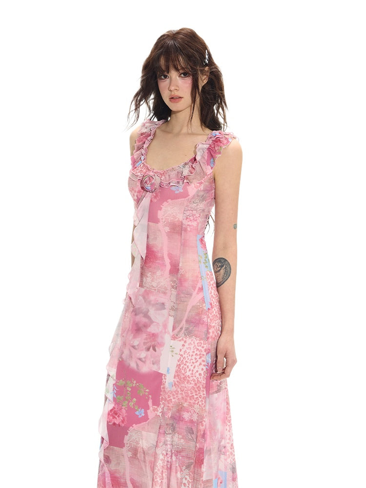 Pink Ruffle Floral Vacation Dress