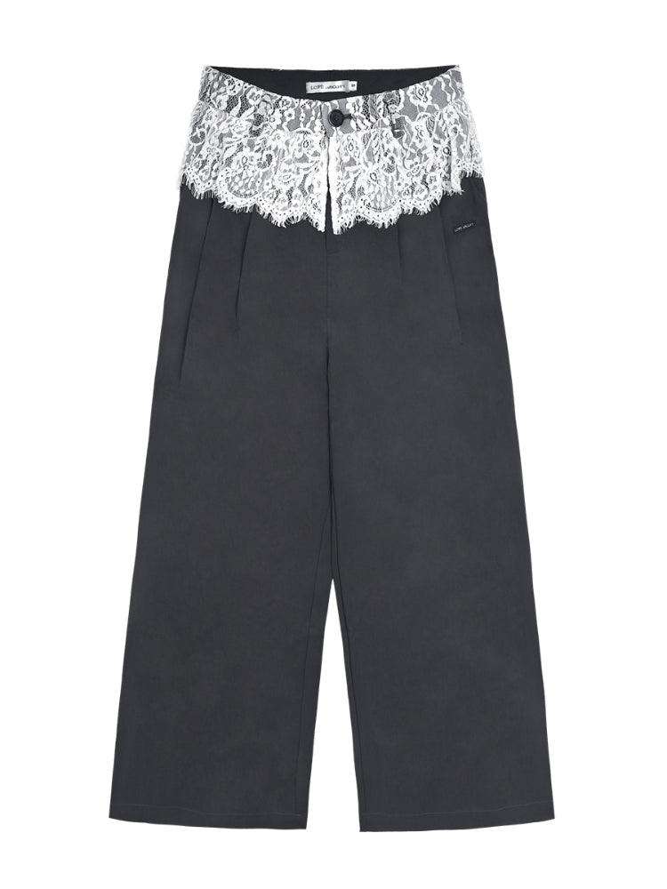 Waistband Lace-spliced Faux Two-piece Long Pants