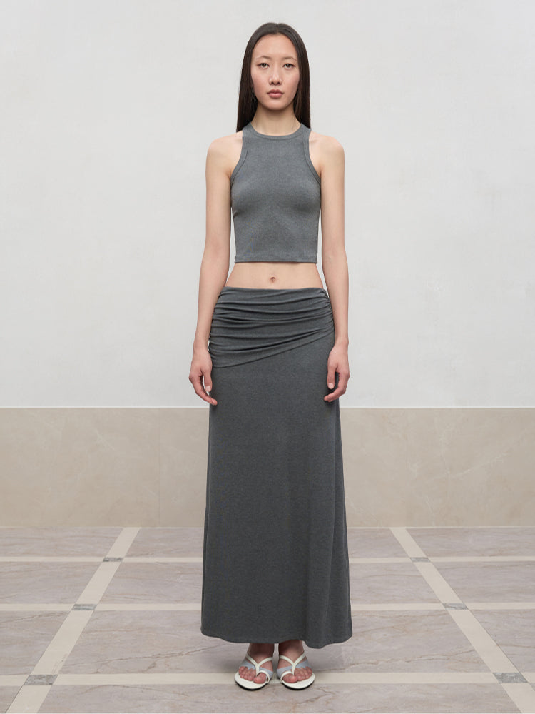 Lyocell Pleated Mid-Low Waist Midi Skirt