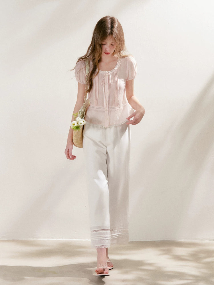 Pink Lace Pleated Shirt