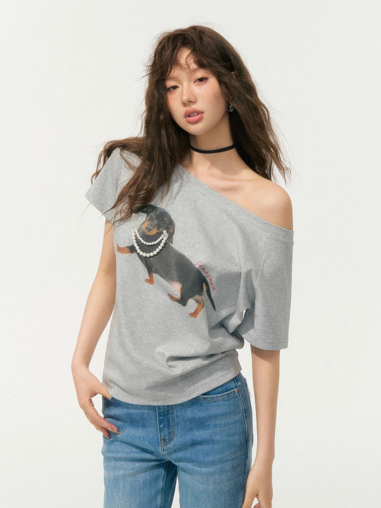 Off-Shoulder Pearl Embroidered Asymmetrical T-shirt