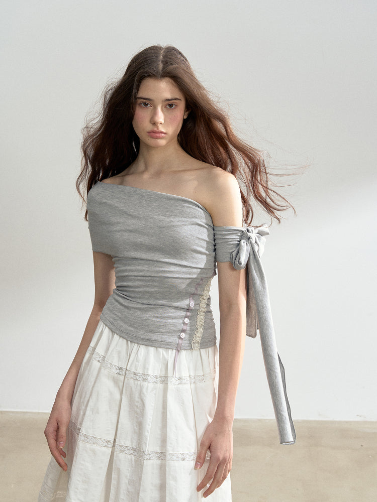 Diagonal Strap Off-shoulder T-shirt