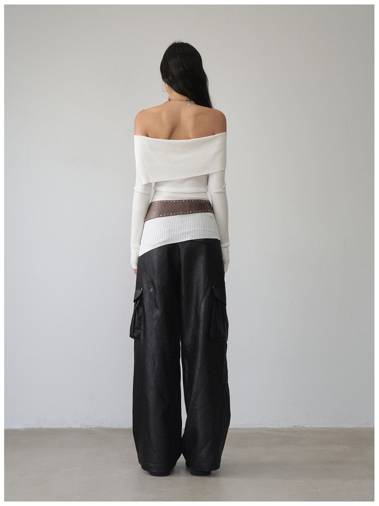 One-Shoulder Collared Knit Crewneck