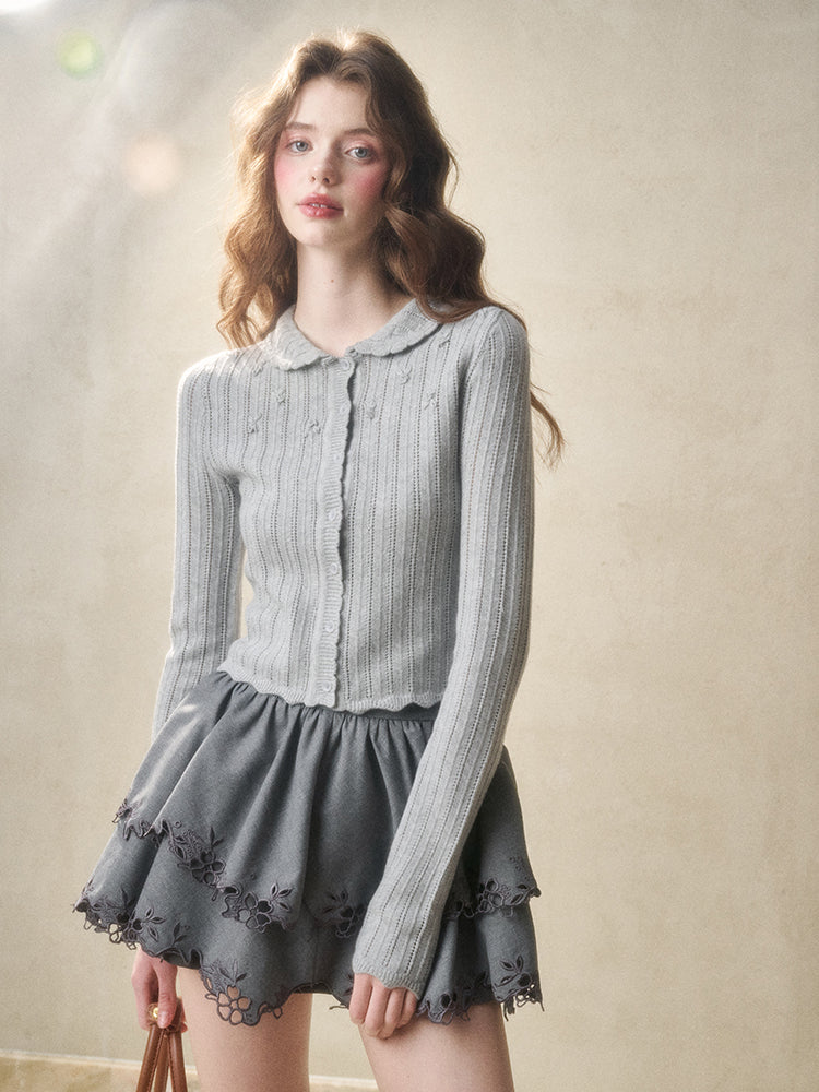 Embroidered Wool Hollow Cardigan & Tank Top Set
