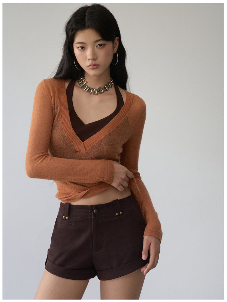 Fake Two-Piece Halter V-Neck Knit Sweater