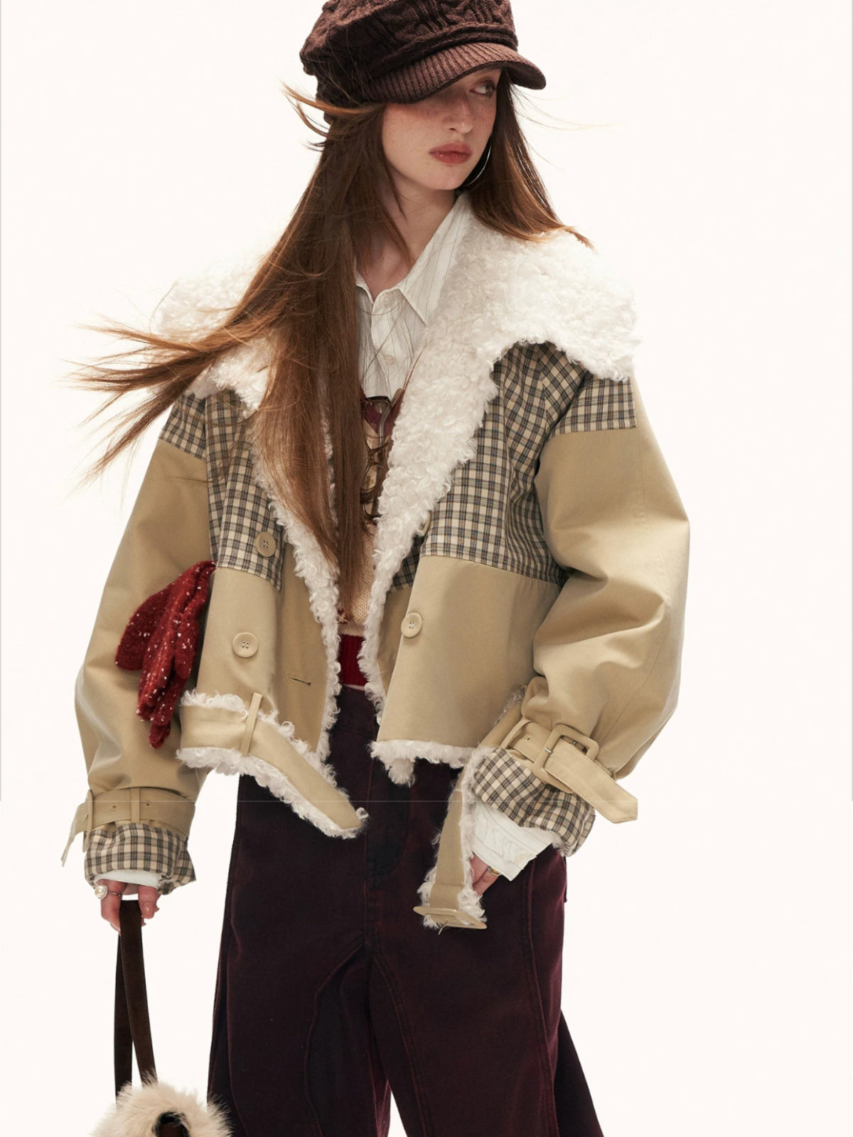 Plaid Faux-Fur Collar Casual Jacket