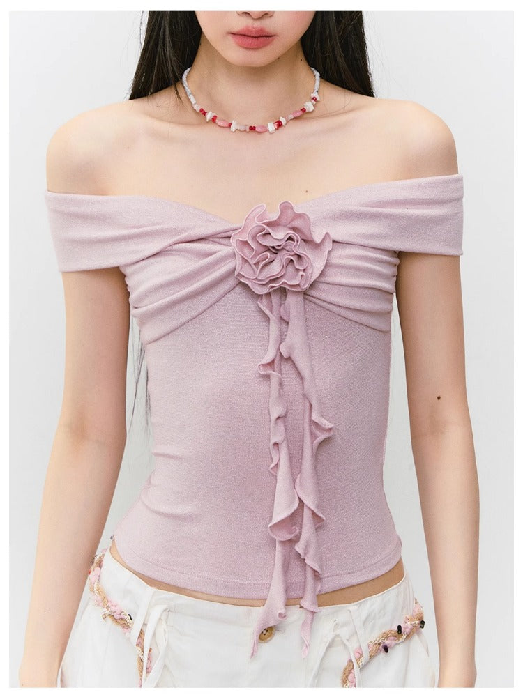 3D Rose One-shoulder Short-sleeve T-shirt