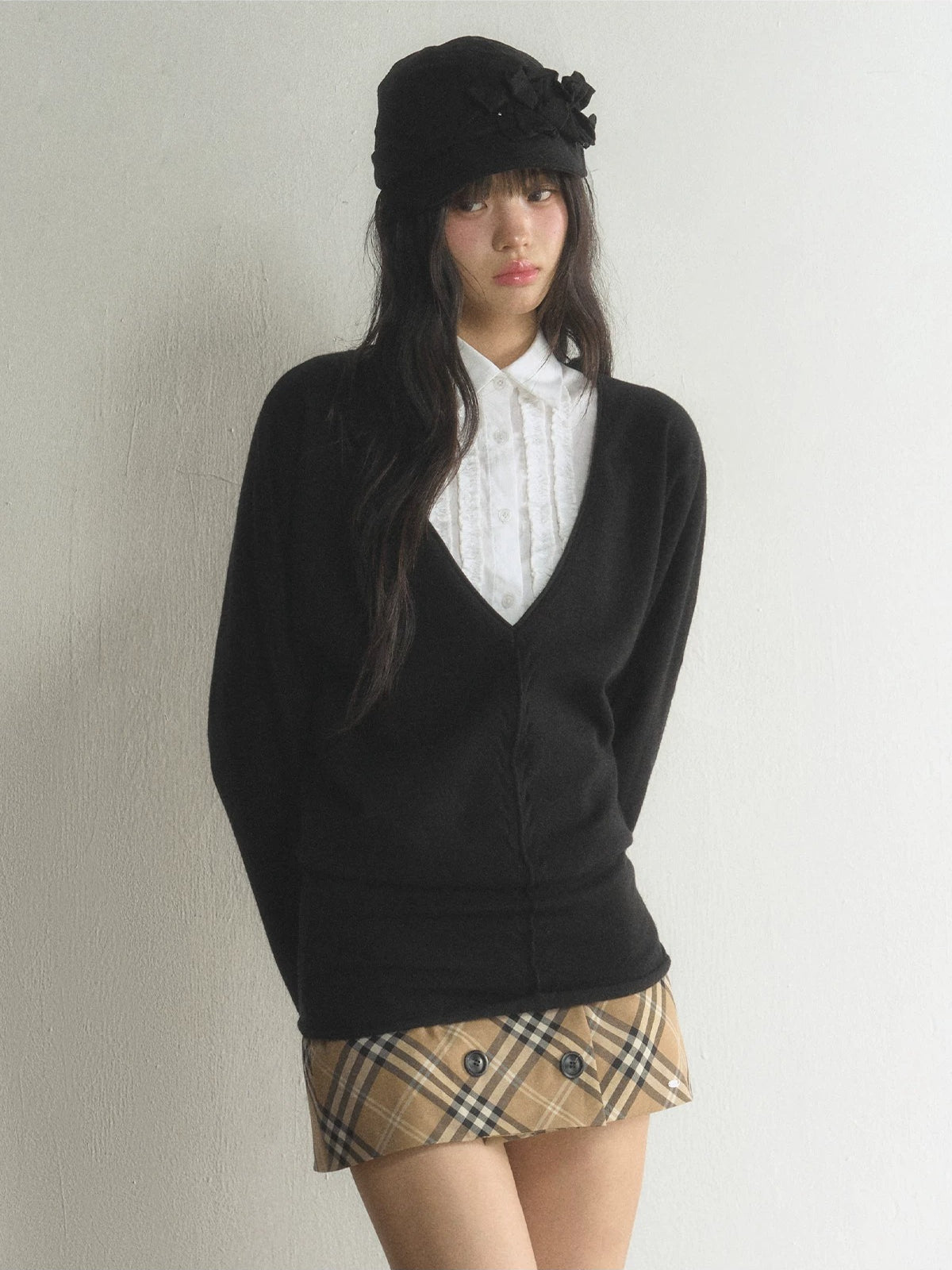 Deep V-Neck Knit Shirt Set