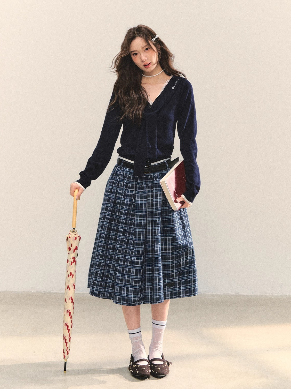 Blue Belted Plaid Skirt