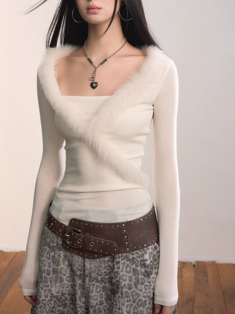 Patchwork Fox Fur Knit Top & Fur Scarf Set