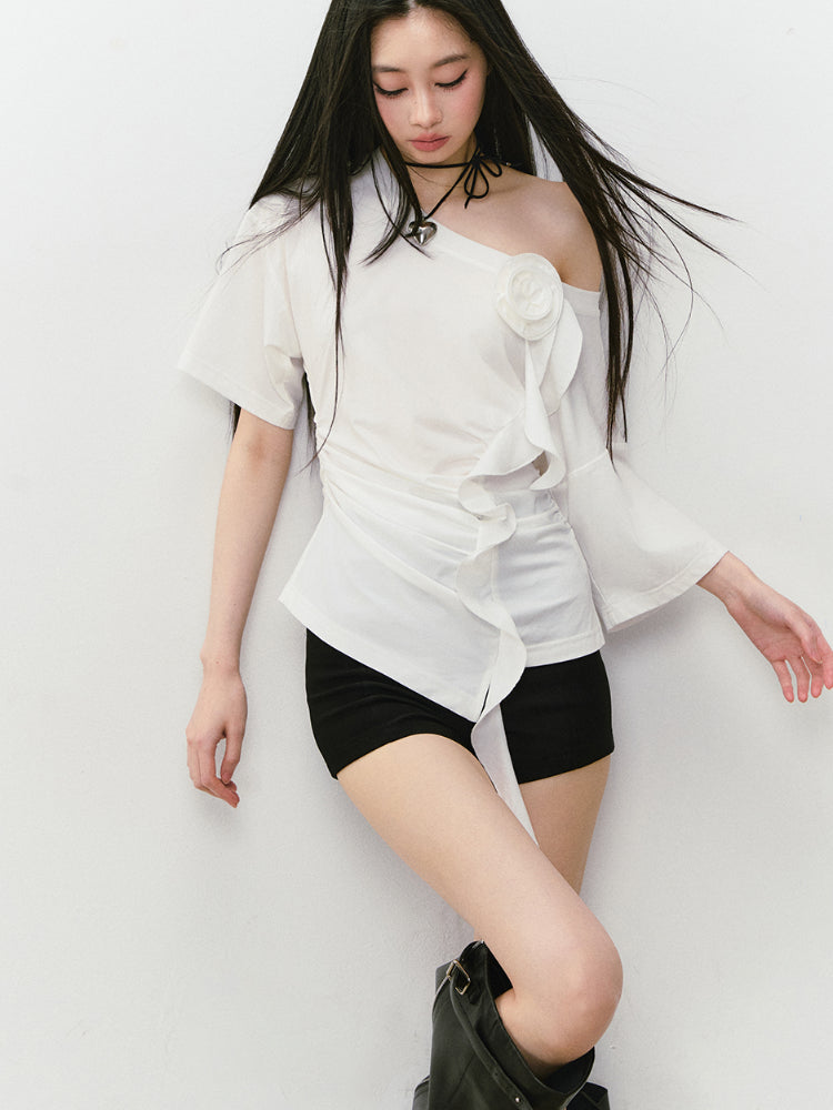 Asymmetric Shoulder 3D Floral T-shirt