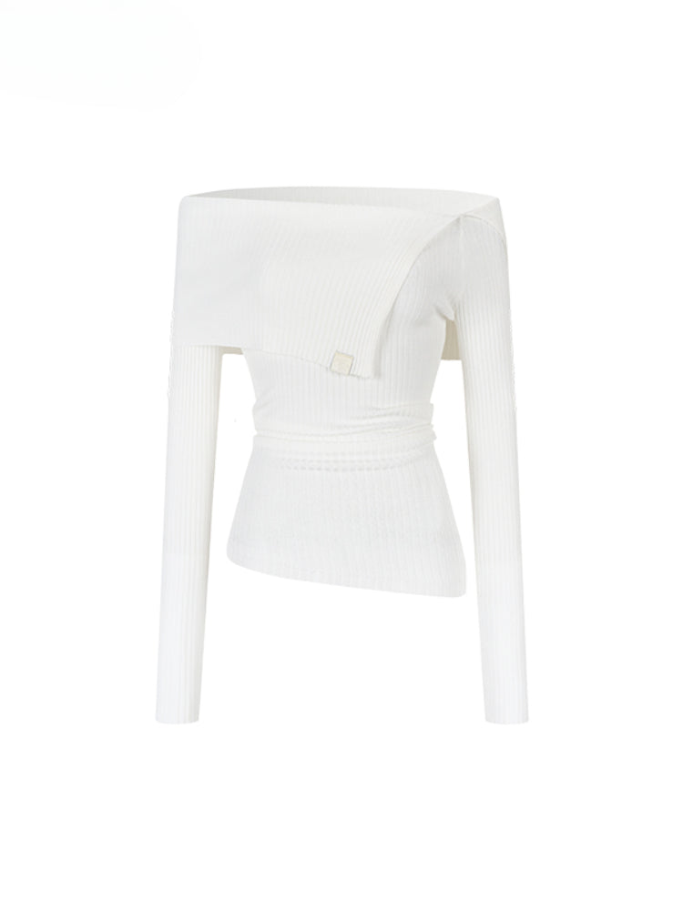 One-Shoulder Collared Knit Crewneck