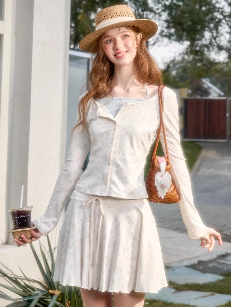 Illustrated Cardigan Skirt Set