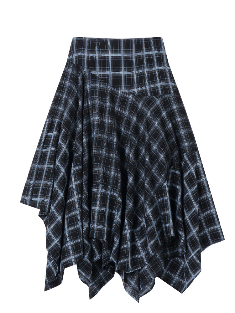 Irregular Navy Blue Checked Midi Skirt