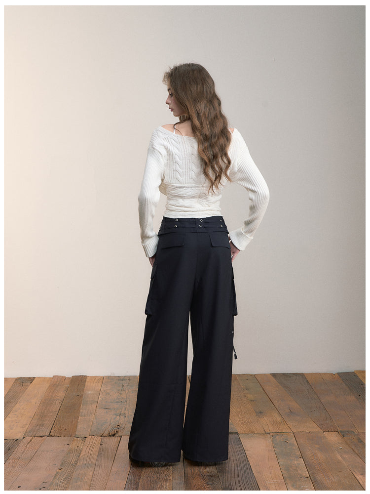Folded Waist Three-Dimensional Pocket Casual Pants