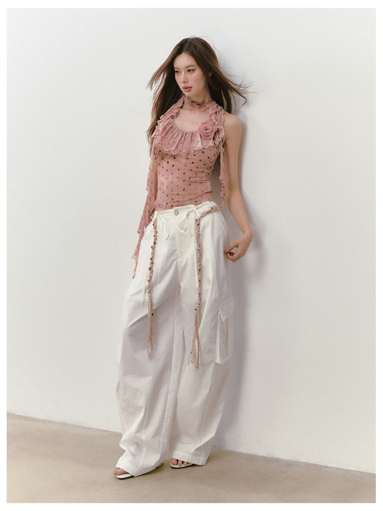 Wide-Leg Beaded Cargo Large Pockets Pants