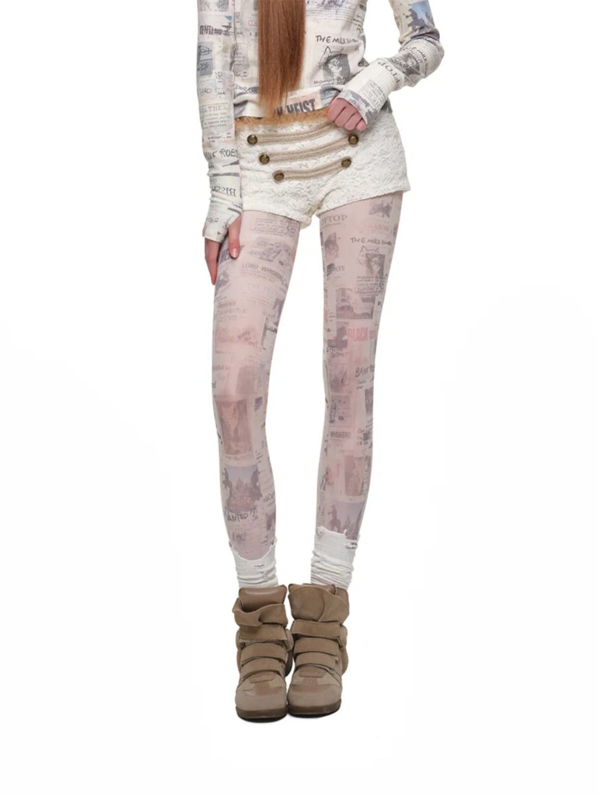 Vintage Cat Newspaper Print Tights
