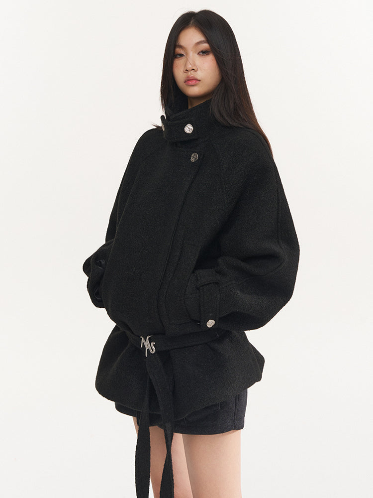 Cream & Black Wool Blend Loose Lapel Jacket