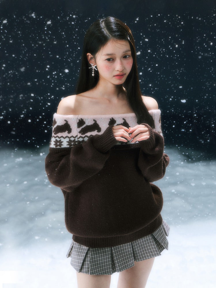 Brown Fair Isle Off-shoulder Sweater & Skirt Set