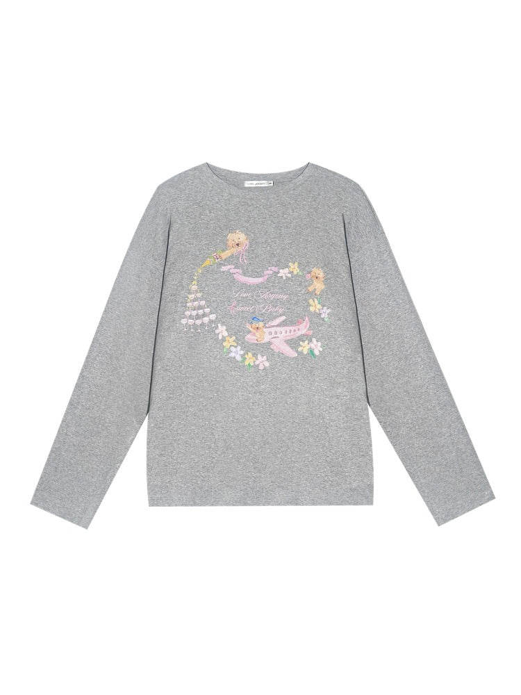 Crew Neck Dog Print Long-Sleeve Tee