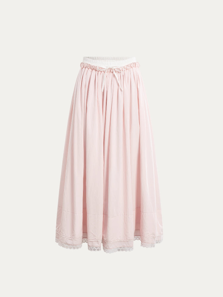 Pink Doll‑Collar Drawstring‑Hem Blouse & Flared Midi Skirt