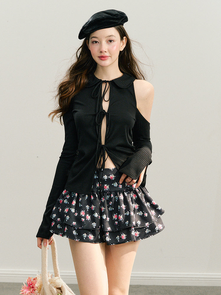 Black & White Off-Shoulder Tie-Back Knit Cardigan