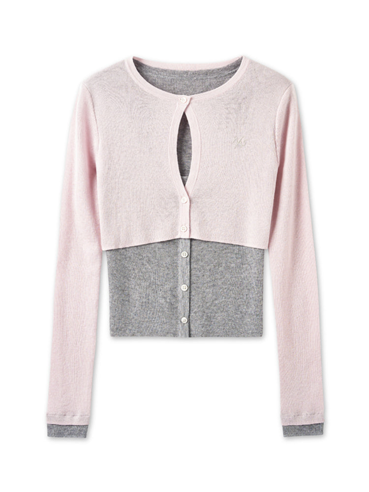 Fake Two-piece Layered Contrast-color Top
