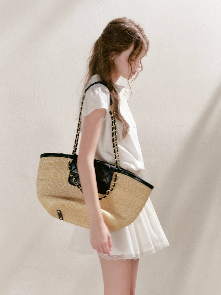 Lace-Paneled Collared Shirt Dress