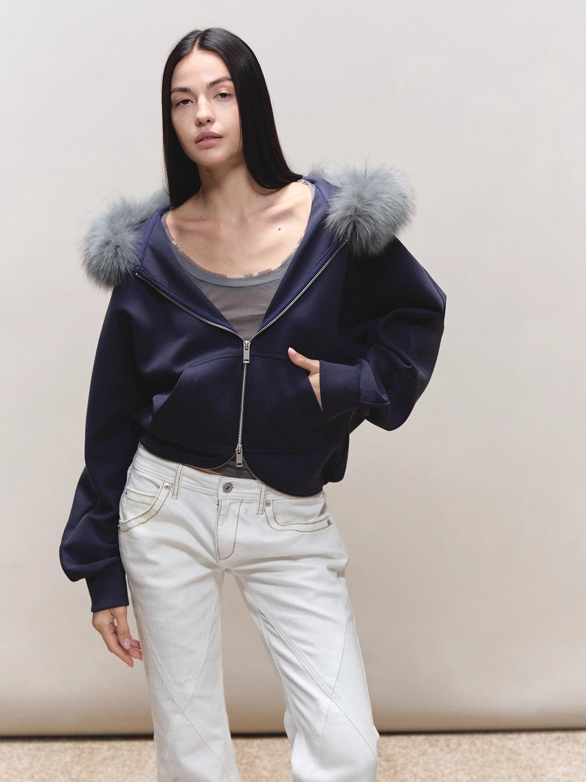Batwing Hooded Fur-Collar Jacket
