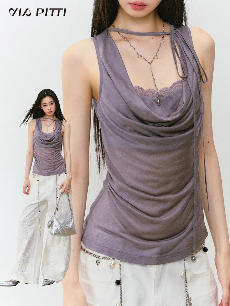 Fake Two-piece Spliced Lace Swing-neck Tank Top