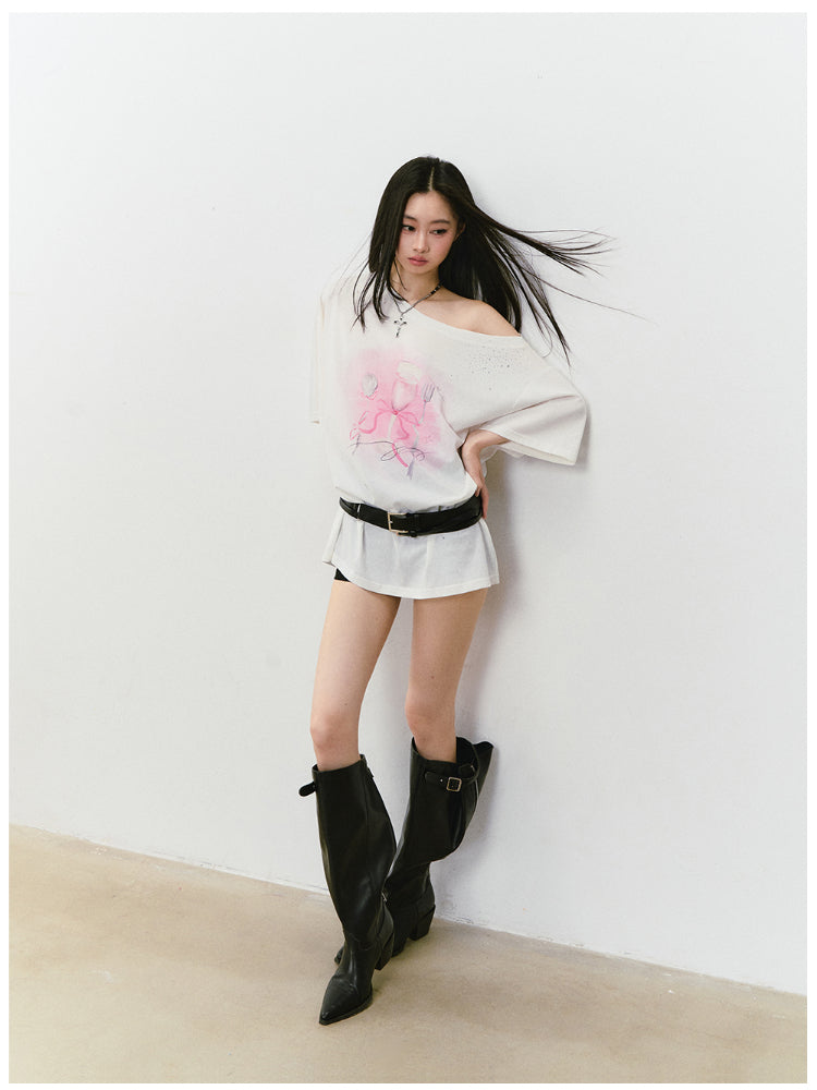 Rhinestone Printed Asymmetric Shoulder Short sleeve T-shirt