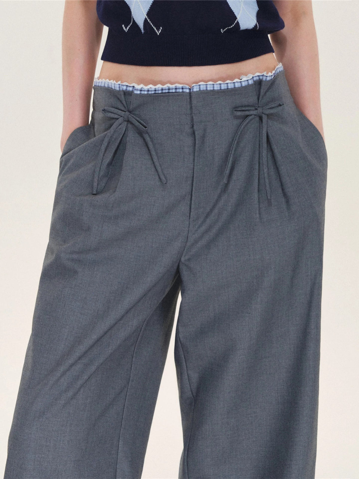 Plaid Trim Bow Detail Trousers
