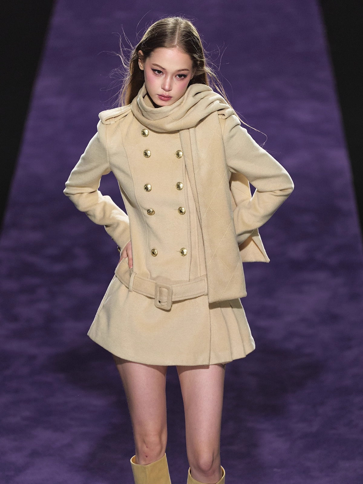 Wool Scarf-Collar Double-Breasted Dress