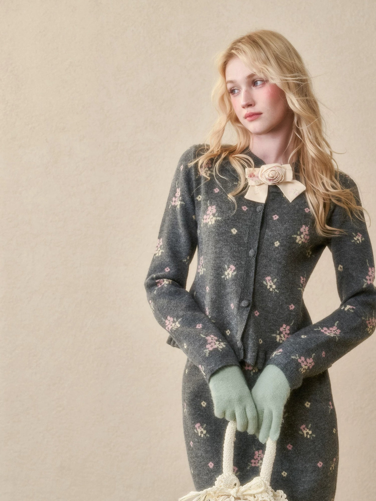 Floral Knit Cardigan & Skirt Set