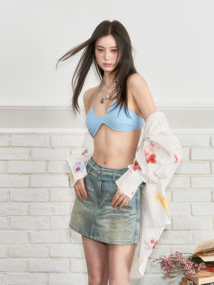 Belted Rhinestone Denim Skirt