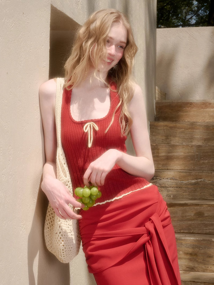 Hollow-out Color-blocking Knit Top