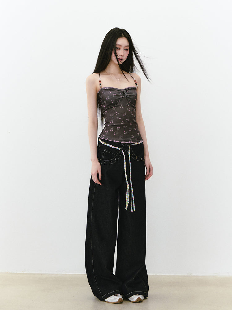 Irregular Waist Original Color Wide-Leg Denim Pants