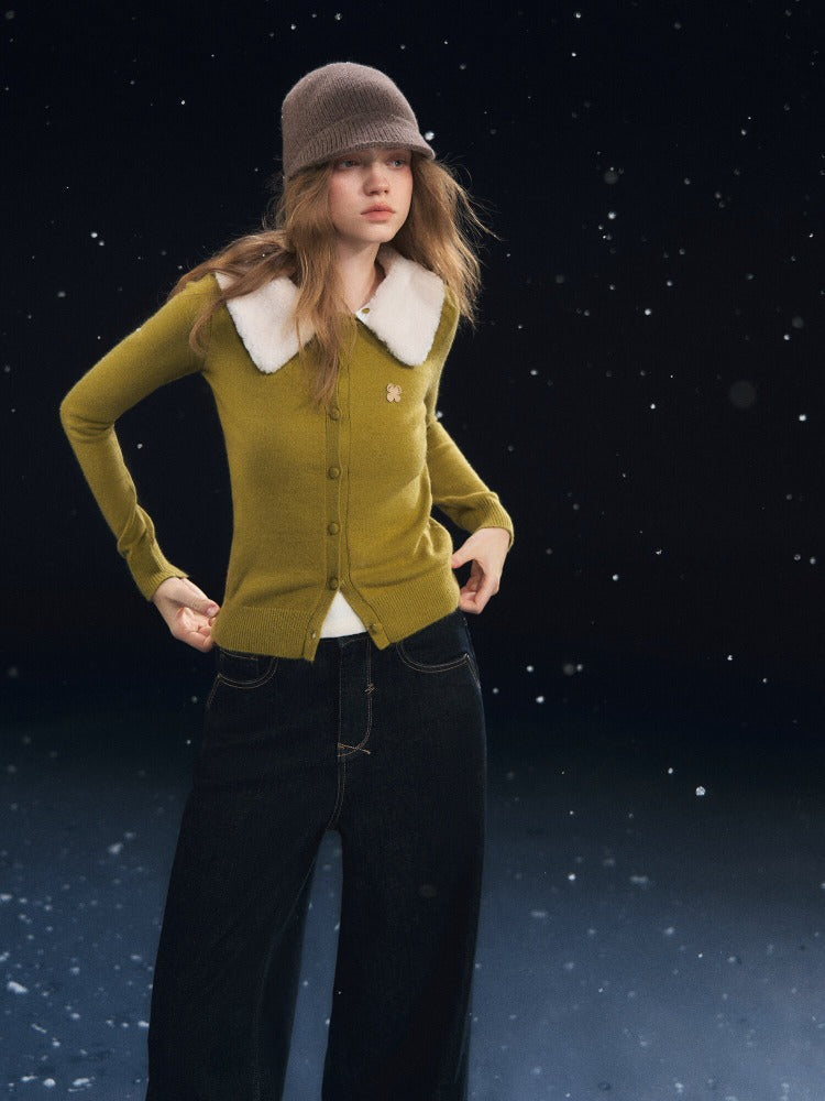 Green Detachable Fur Collar Cardigan