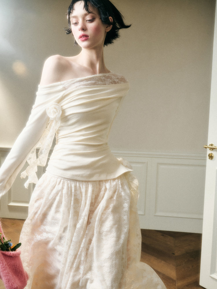 Lace Floral Asymmetrical Off-Shoulder Top & Skirt Set