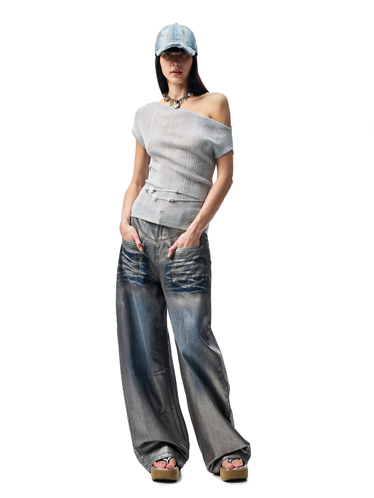 Asymmetric Shoulder Knit Short Sleeve T-shirt