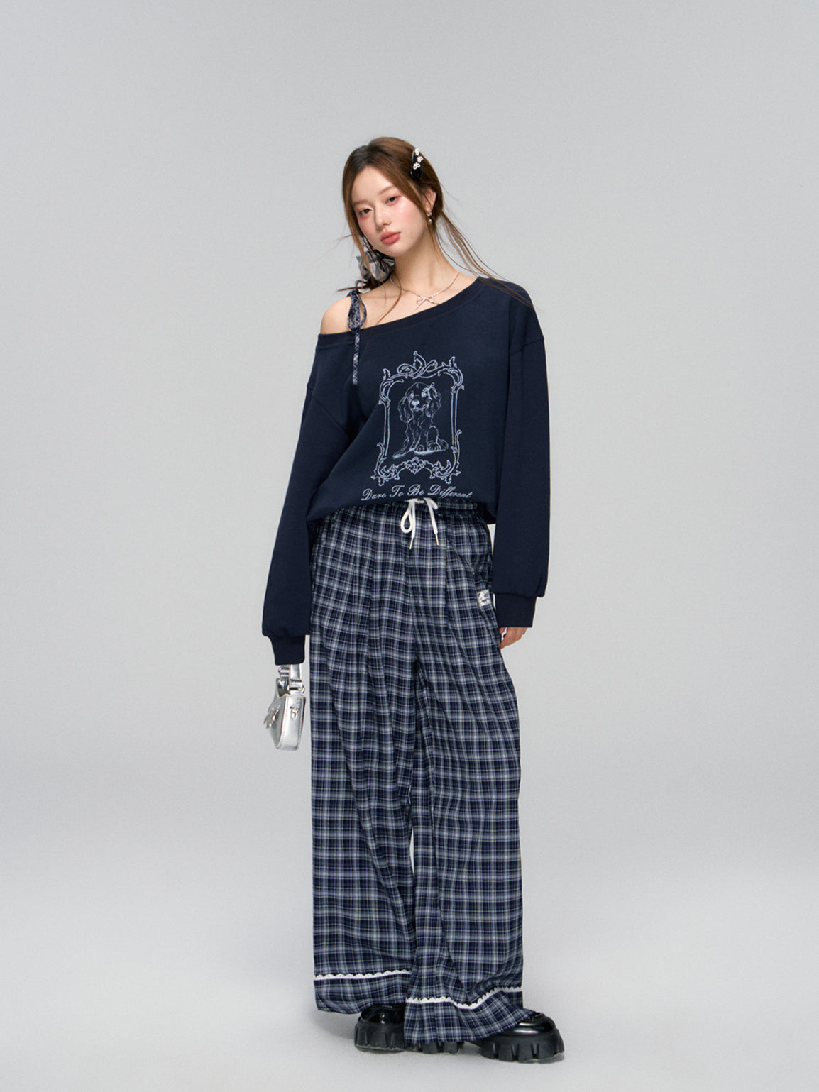 Navy Lace-Trim Plaid Pants