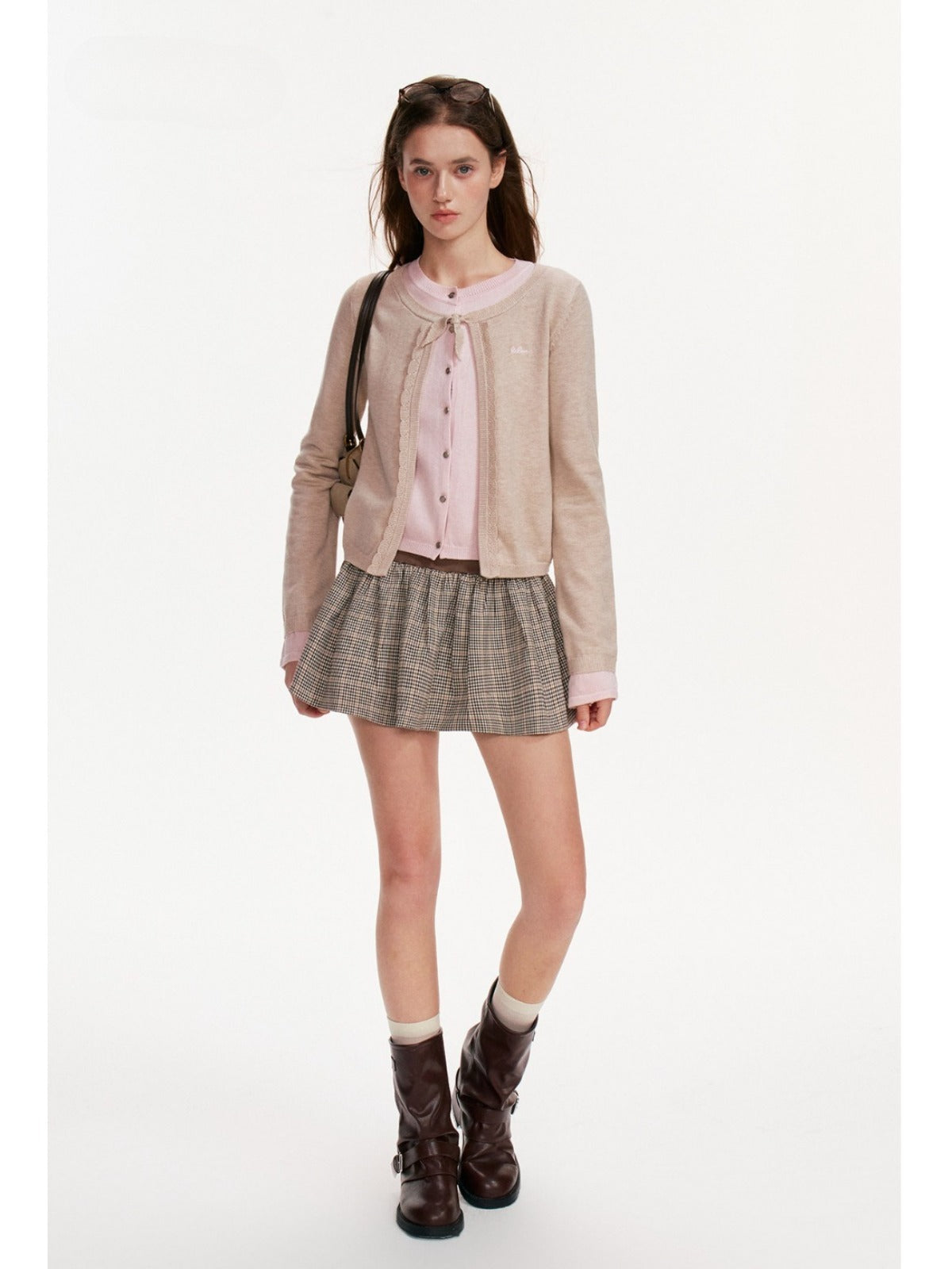 Contrast Layered Bow Knit Cardigan
